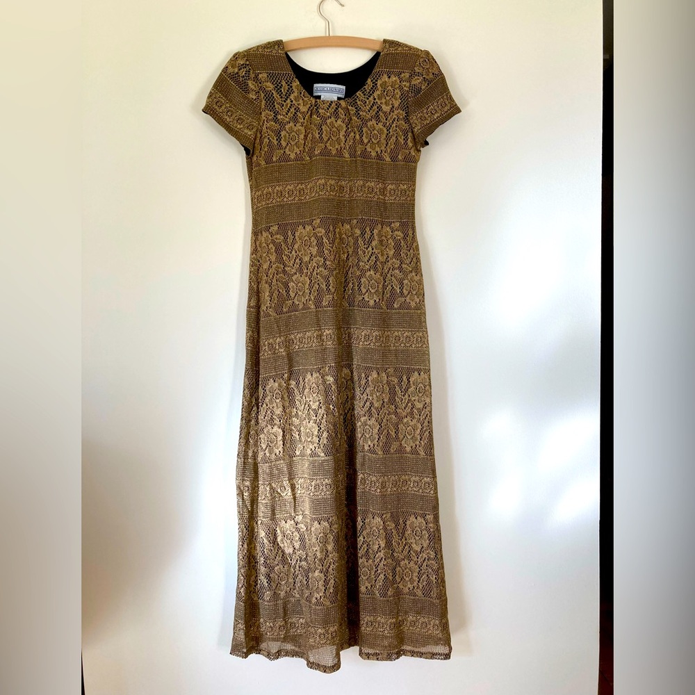 Vintage 90s Y2K Jessica Howard gold lace metallic maxi dress size 6